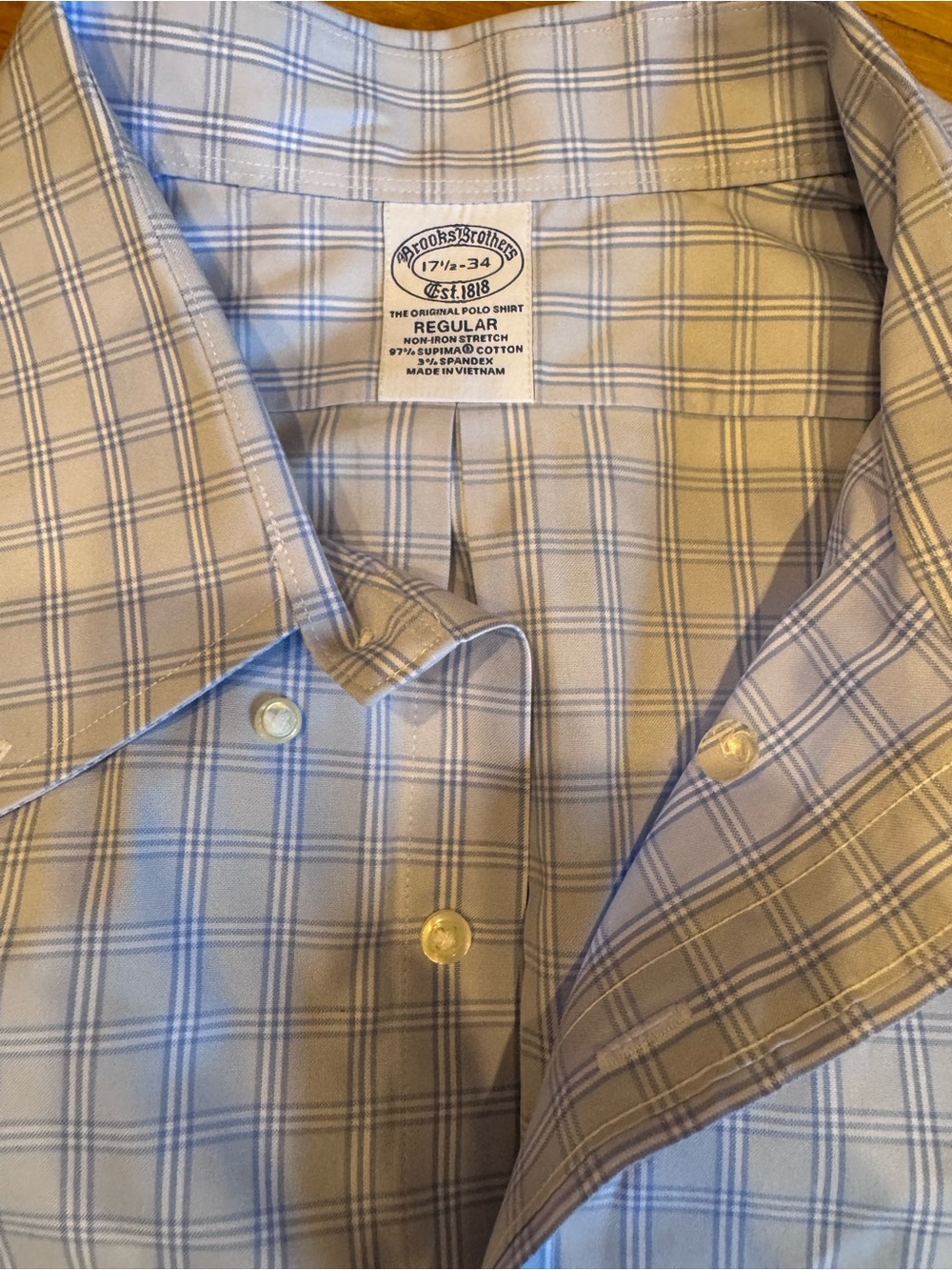 Brooks Brothers Men’s 17.5-34 Light Blue Plaid Non-Iron Stretch Dress Shirt